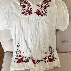 Embroidered White Floral Women's Dress beach cover up .. 100% cotton